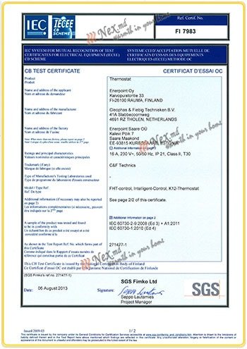 Certificat «CB» - pentru termoregulator K12; Intelligent