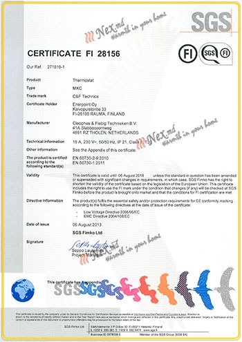 Certificat “FI” - pentru regulatorul de temperatură X-treme (MXC)