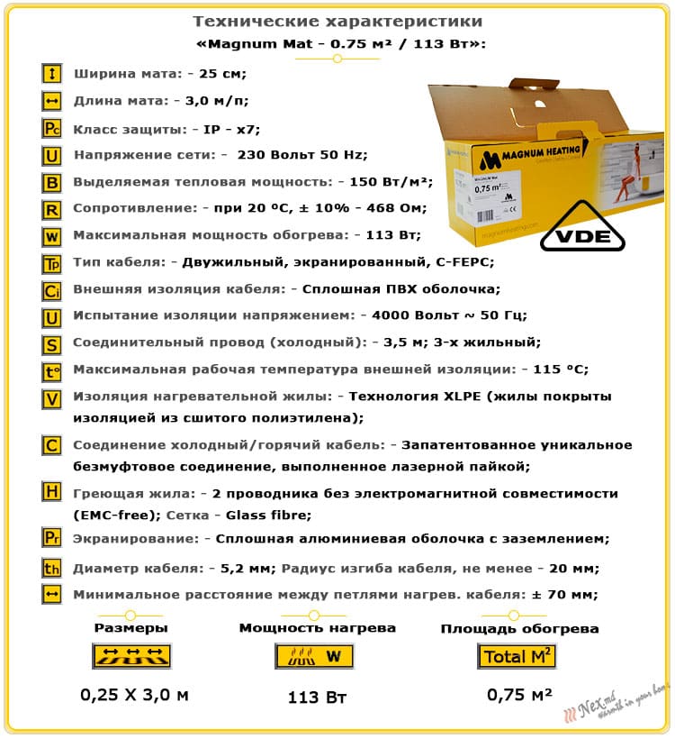 Технические характеристики для Magnum Mat 0,75 м² - 113 Ват