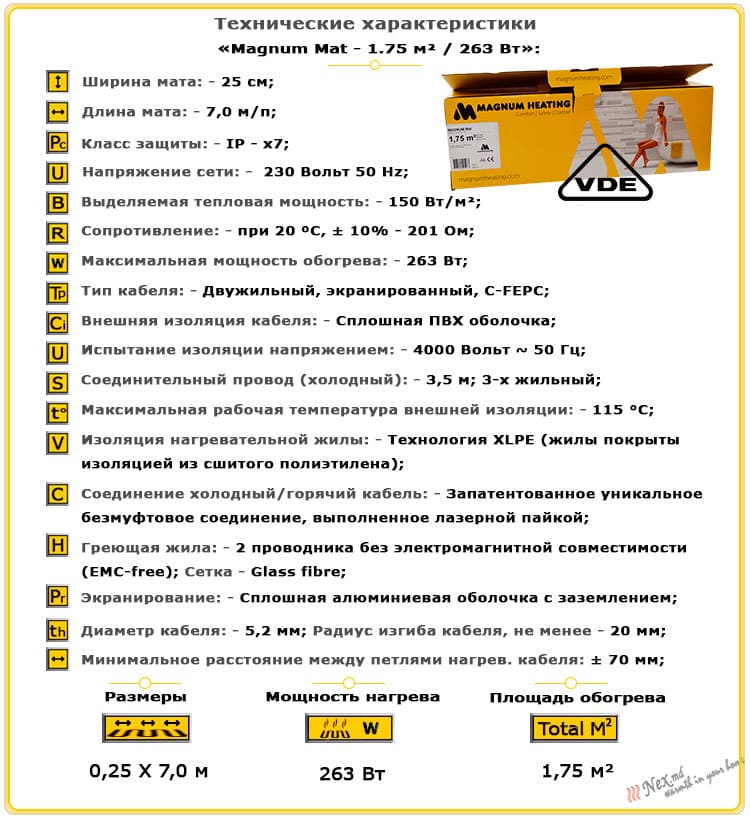 Технические характеристики для Magnum Mat 1,75 м² - 263 Ватт