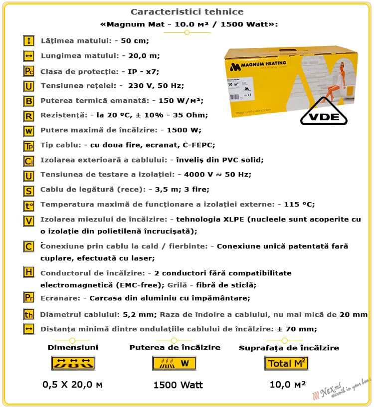 Caracteristicile tehnice Magnum Mat 10 m² - 1500 wați