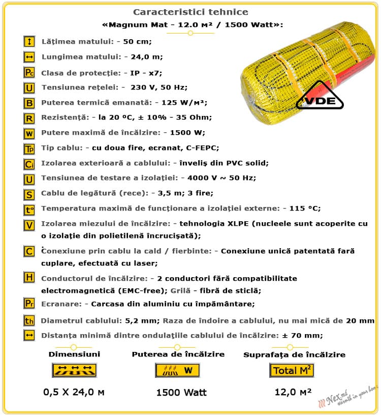 Caracteristicile tehnice Magnum Mat 12 m² - 1500 wați