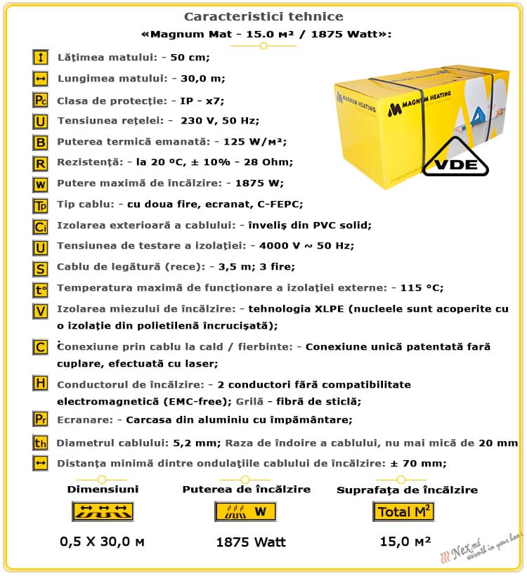 Caracteristicile tehnice Magnum Mat 15 m² - 1875 wați