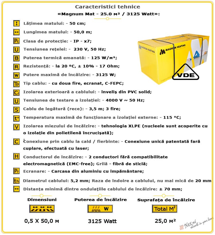 Caracteristicile tehnice Magnum Mat 25 m² - 3125 wați