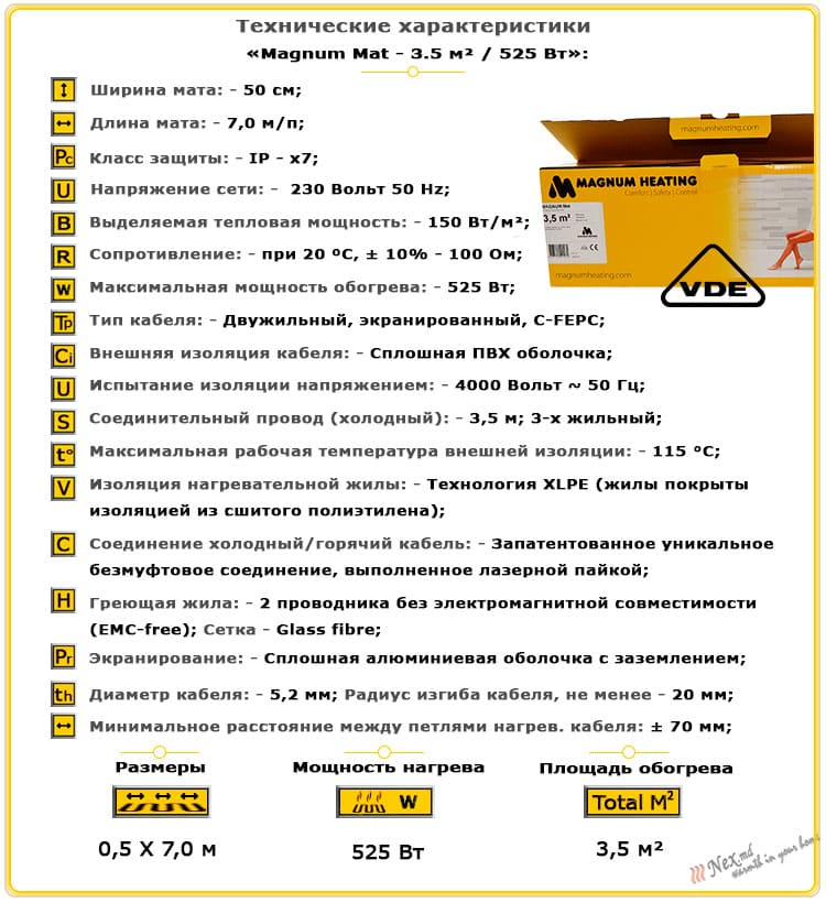 Технические характеристики для Magnum Mat 3,5 м² - 525 Ватт