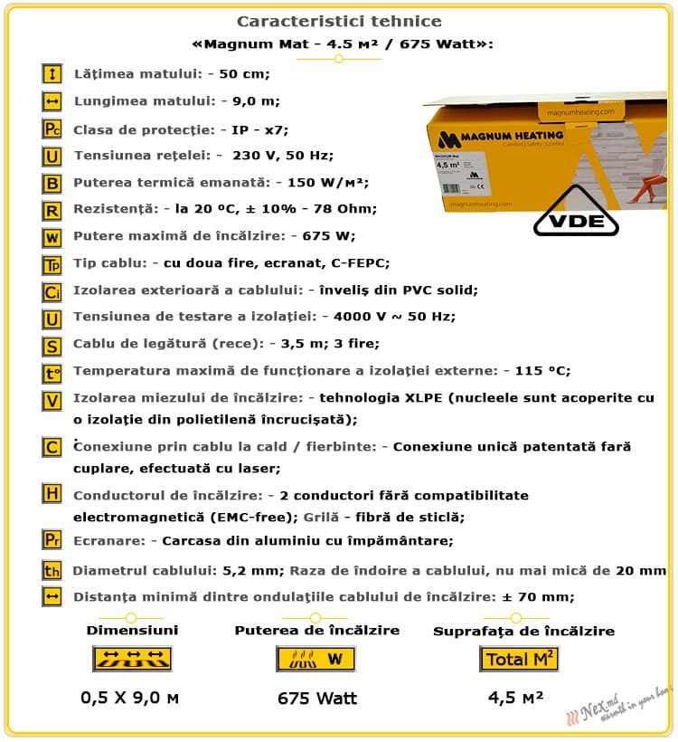 Caracteristicile tehnice Magnum Mat 4,5 m² - 675 wați