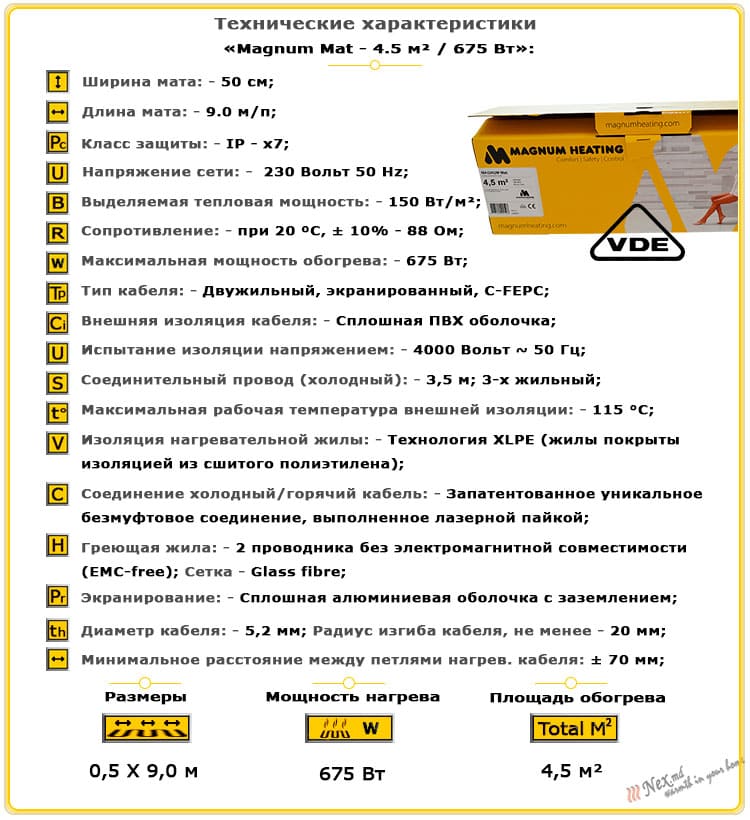 Технические характеристики для Magnum Mat 4,5 м² - 675 Ватт