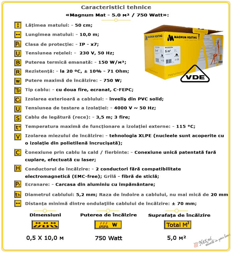 Caracteristicile tehnice Magnum Mat 5 m² - 750 wați