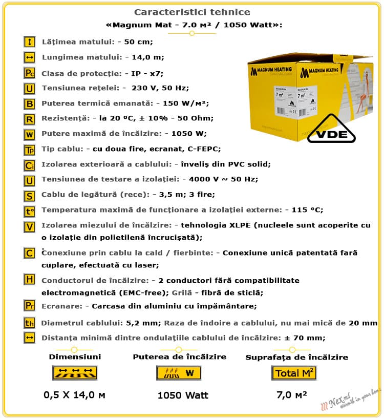 Caracteristicile tehnice Magnum Mat 7 m² - 1050 wați