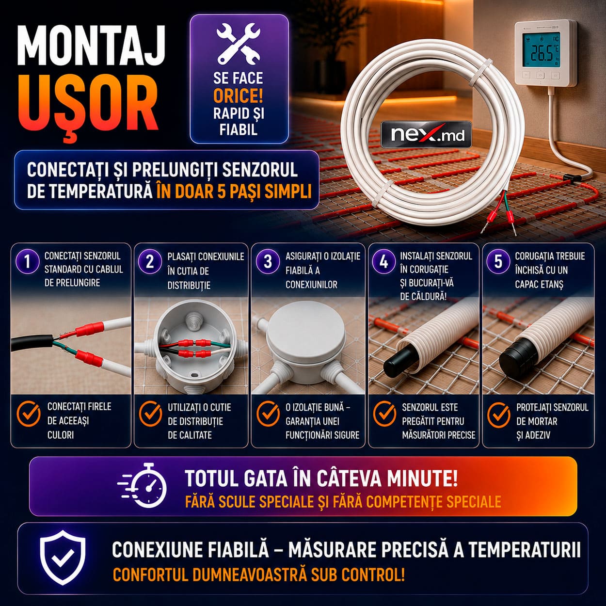 Instalare ușoară pentru cablul de extensie al senzorului
