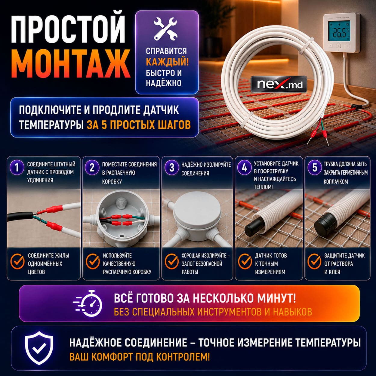 Простой монтаж для провода для удлинения датчика