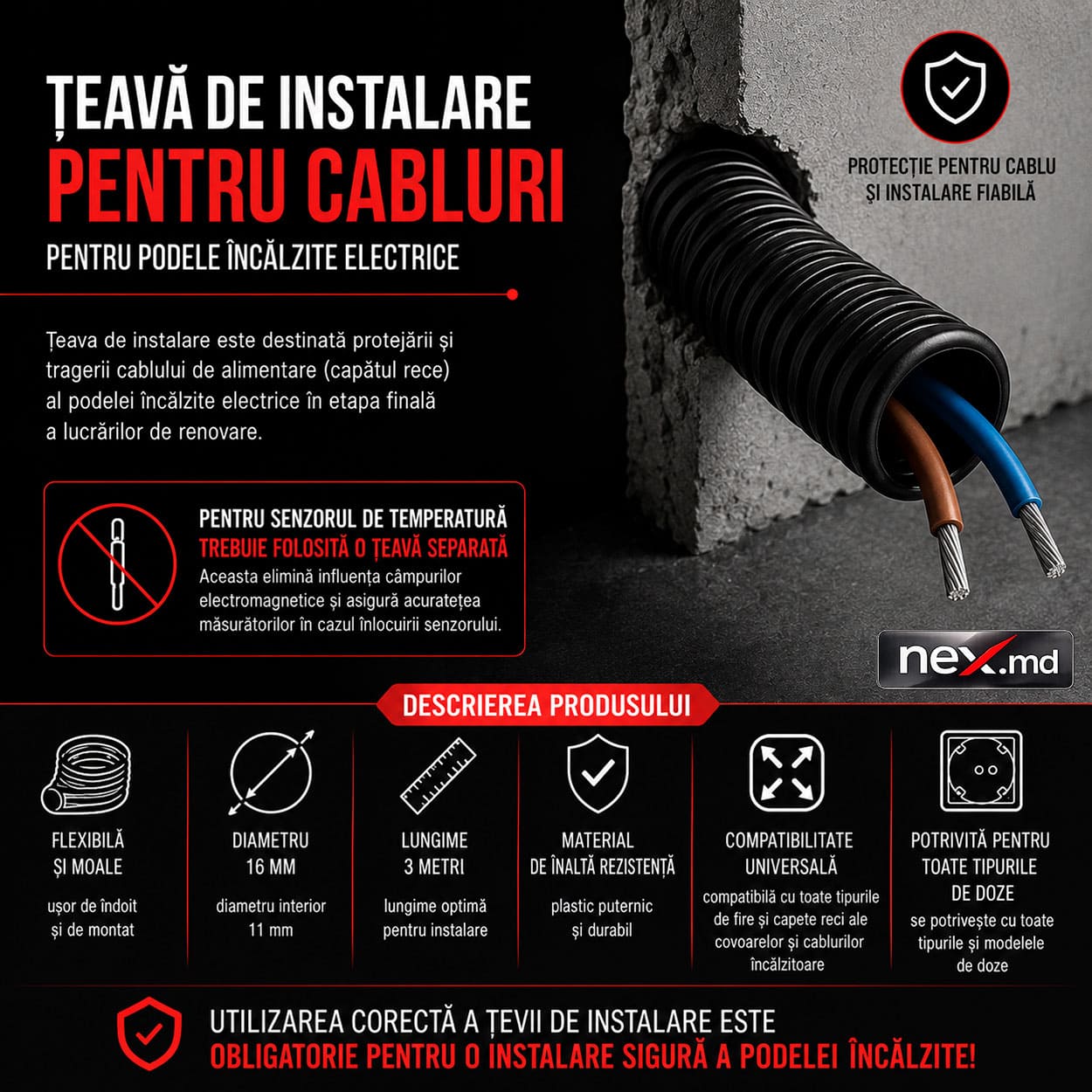 Scop: tub de montare pentru senzorul de temperatură a podelei cu montare uscată