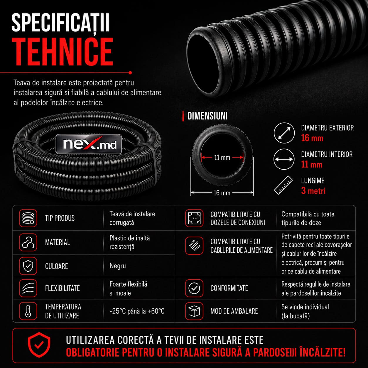 Specificații - Tub de montare pentru senzor de temperatură pentru podea cu montare uscată