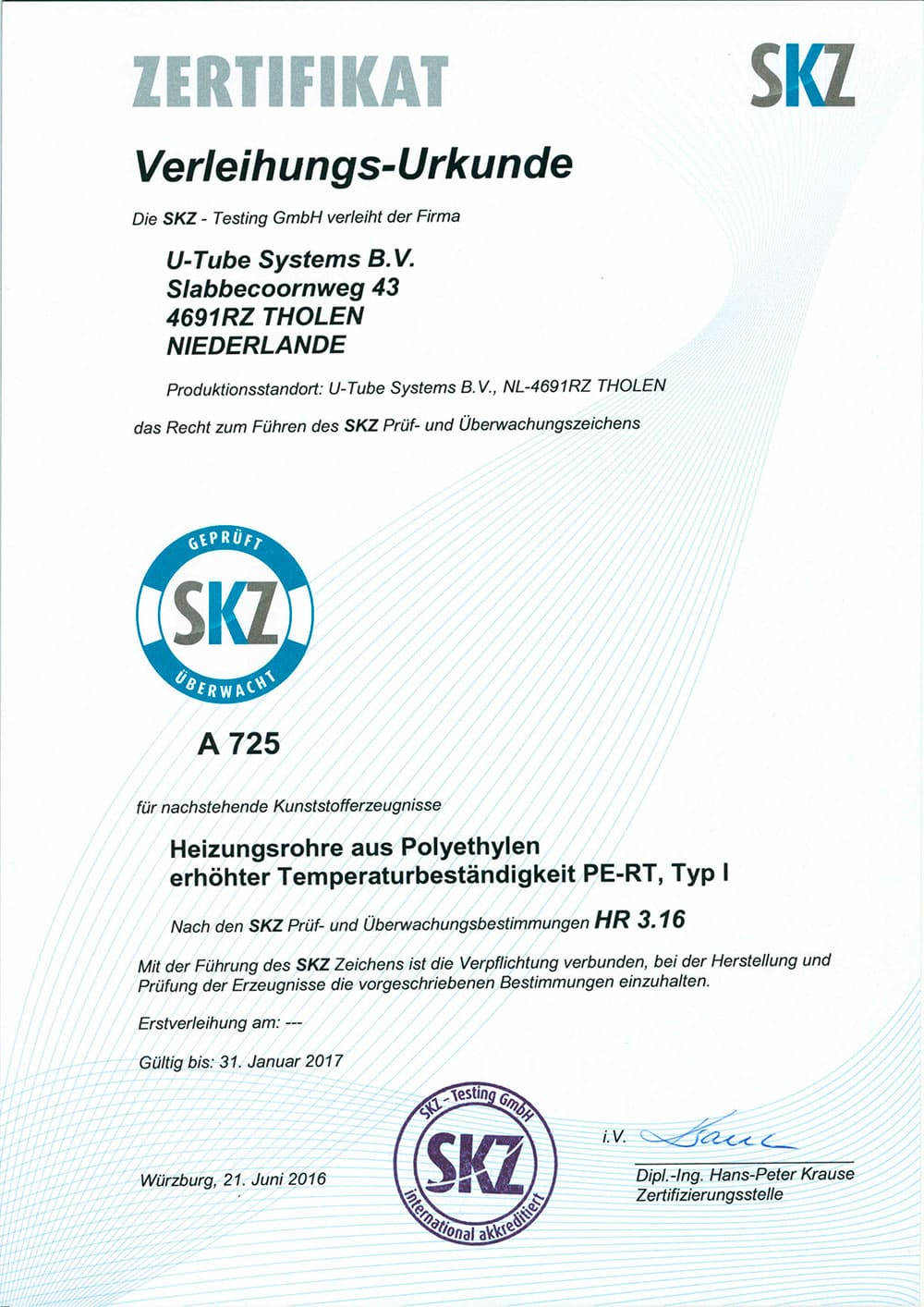 Certificat «SKZ» pentru conductele de încălzire prin pardoseală